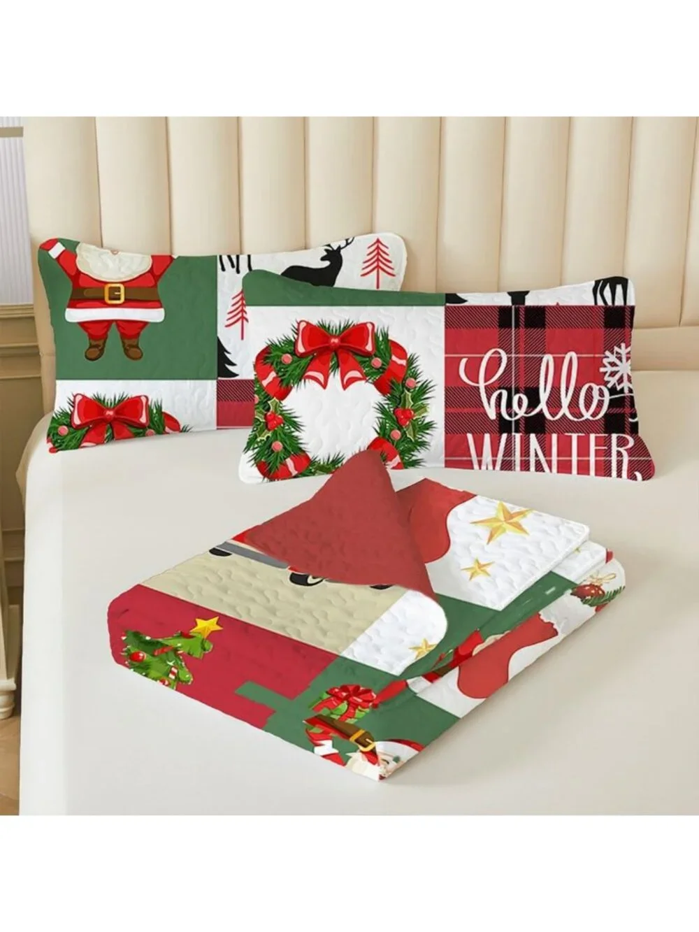 Festive Christmas Patchwork Quilt Set King - Santa Snowman Tree Bedding, Soft